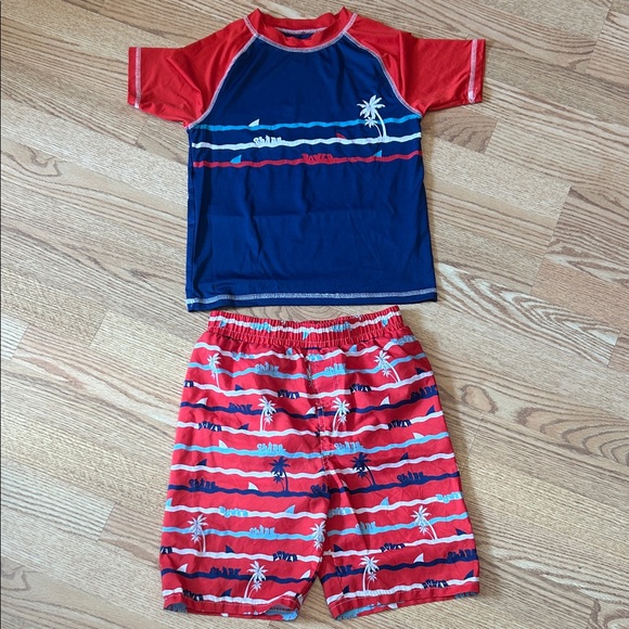 Other - Boys swim trunks and rashguard set sz 8 shark palm tree red, white, + blue 🦈 🌴